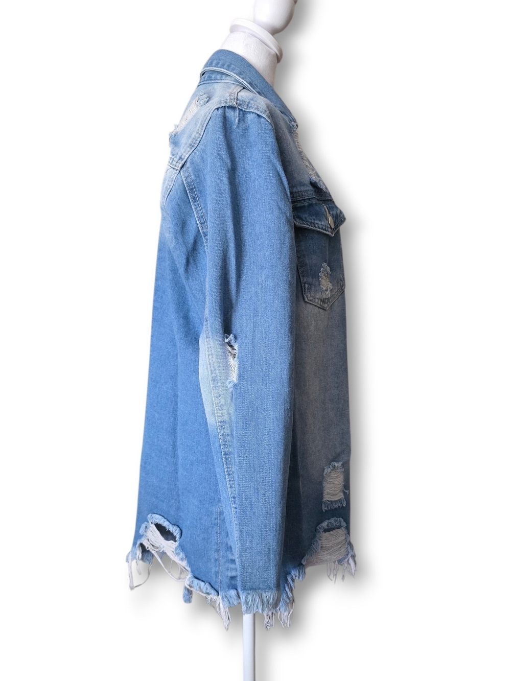 NWT American Bazi Distressed Long Light Blue Denim Jacket - Size Small - Picture 3 of 9